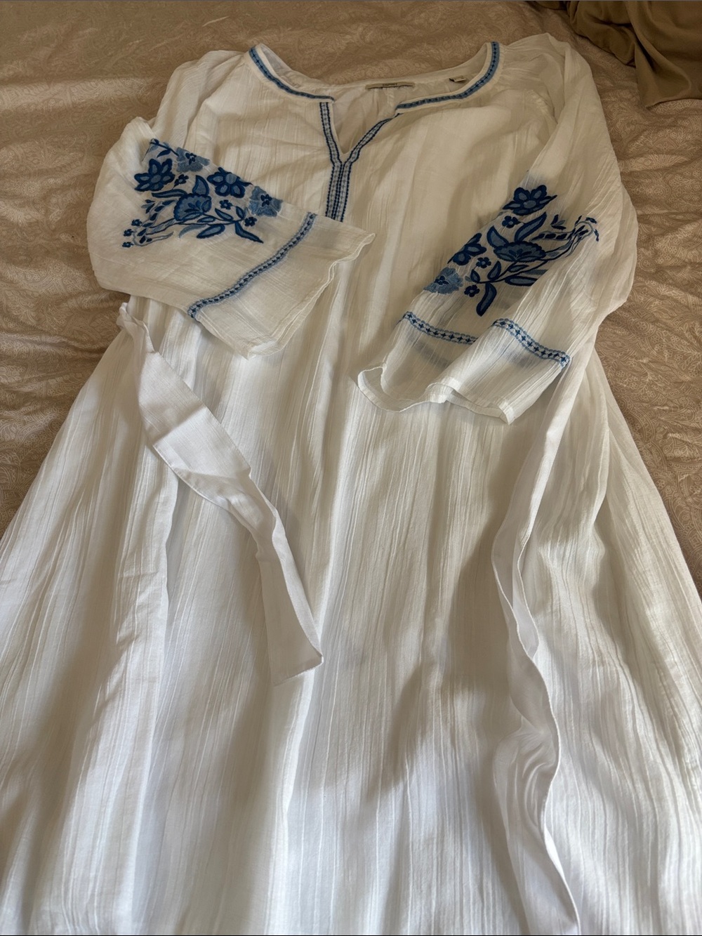 Esprit White Gauze Dress with Blue Trim Embroidery Boho Hippy